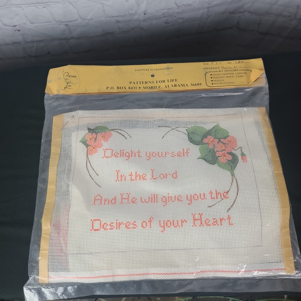 Patterns for life. Scripture in needlepoint. Psalm 37:4 8" X 10"